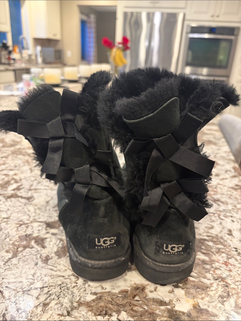 UGG Black Shearling Back-Bow Heeled Boots size 10